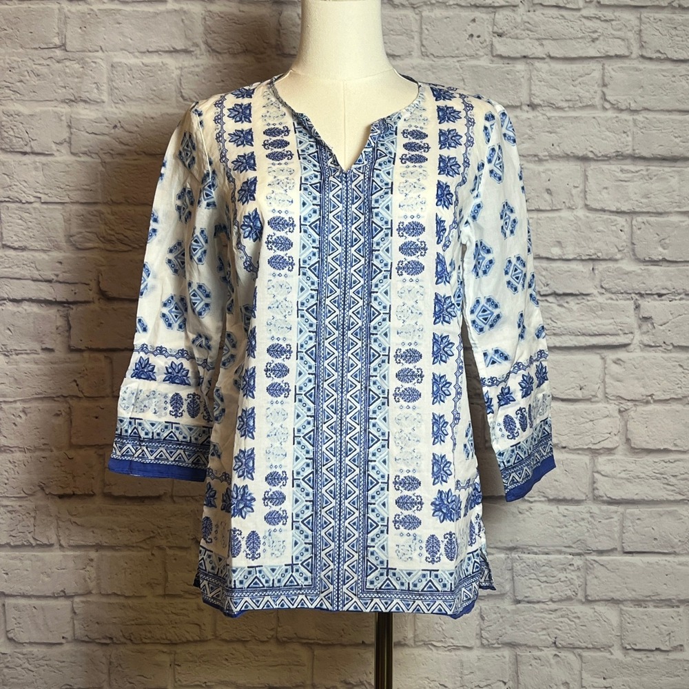 Talbots Women's XS Tunic Blouse Blue White Print 3/4 Sleeve Split Neck Top